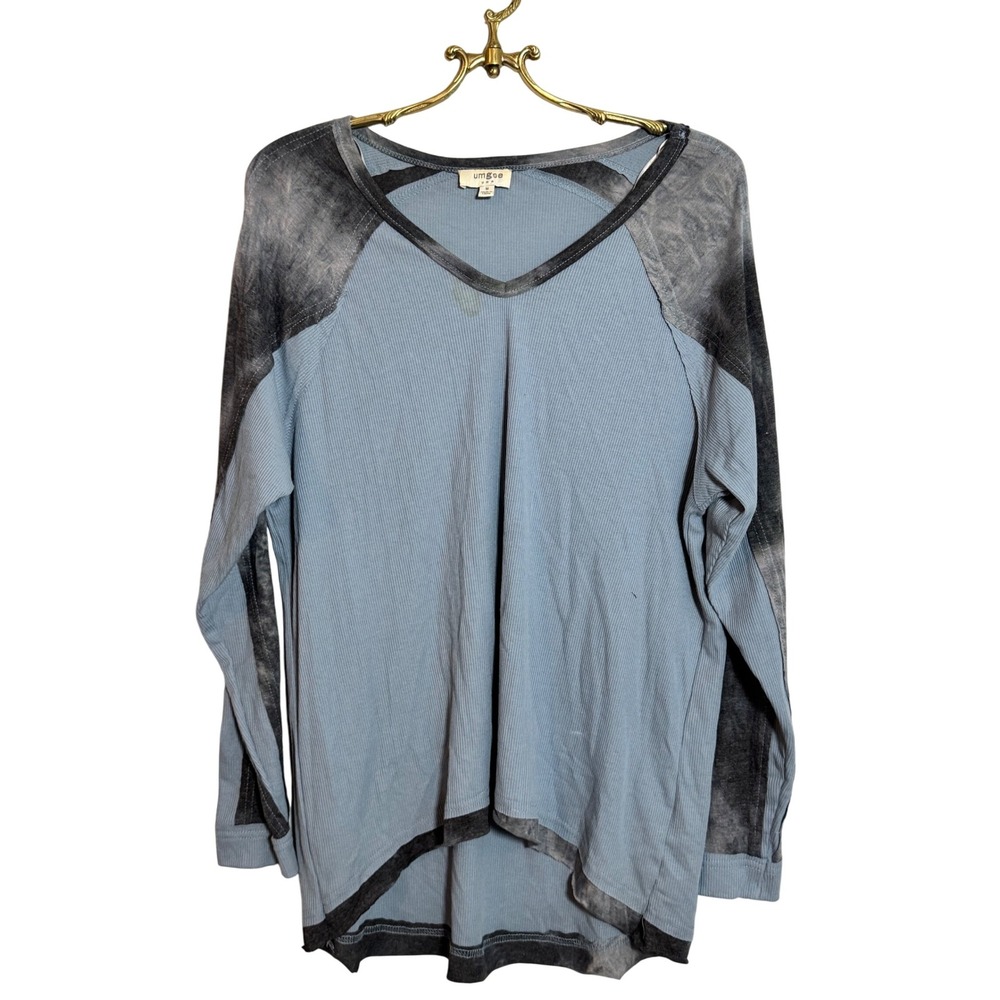 Umgee USA Women's Blue Gray Tie Dye Long Sleeve V-Neck Ribbed Knit Top